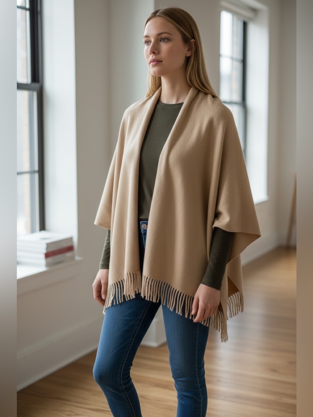Brooks Brothers Camel Fringe Open Front Poncho